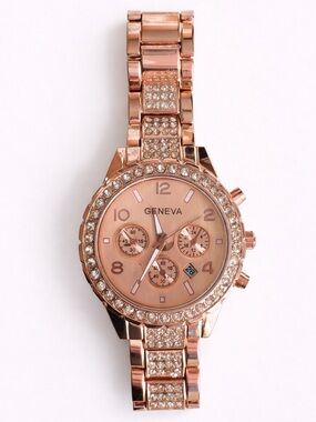 Geneva Stainless Steel Rose Gold Rhinestone Watch Bracelet Style